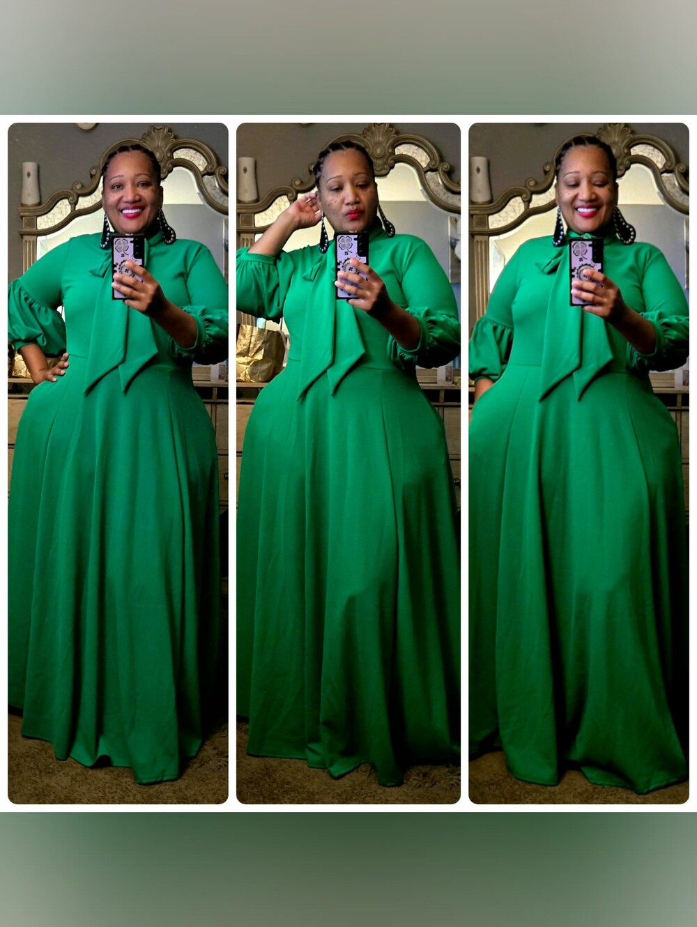 Elegant Green Maxi Dress with Tie Neck
